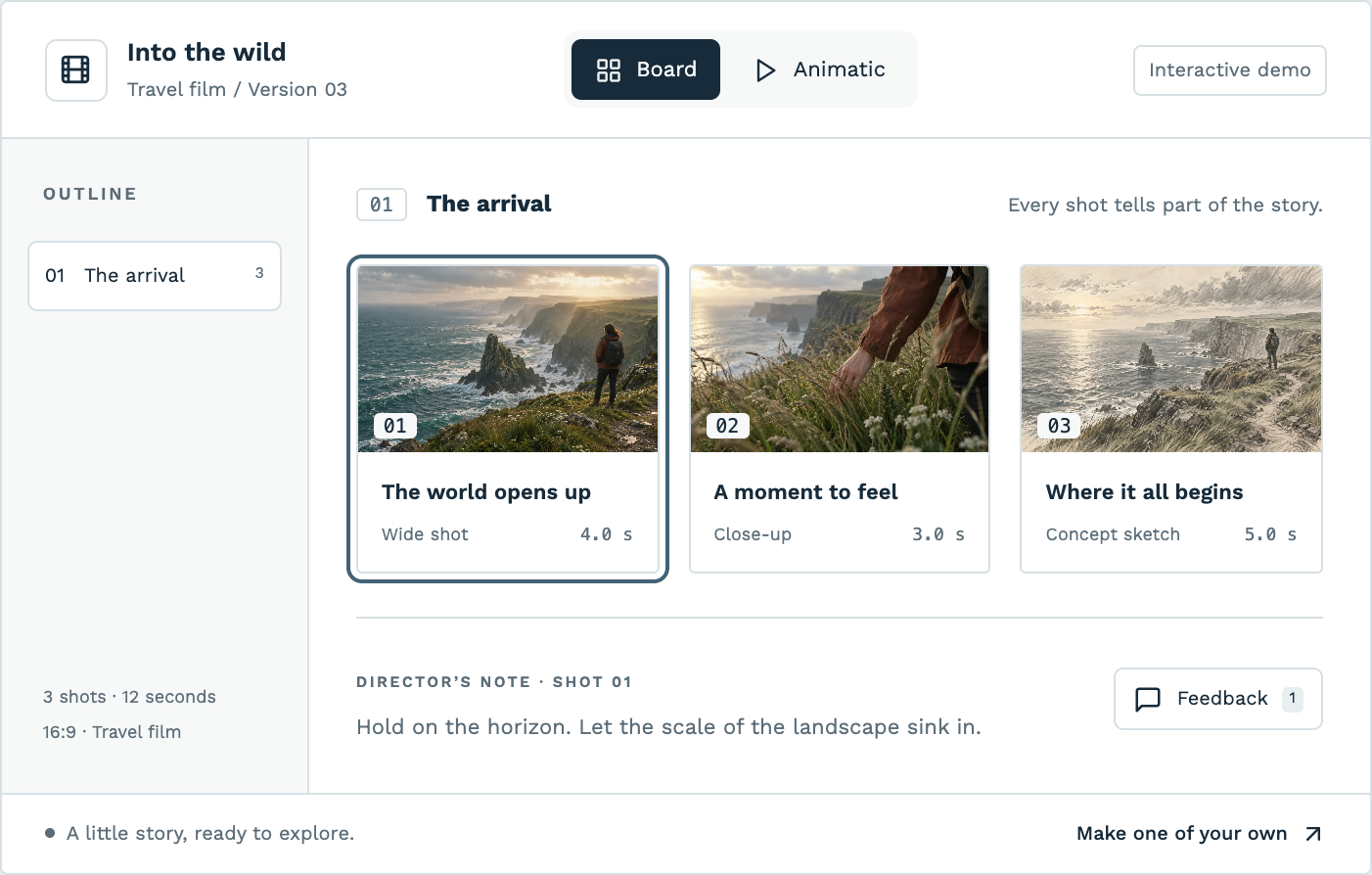 storyboard board view with eight vertical frames, shot notes